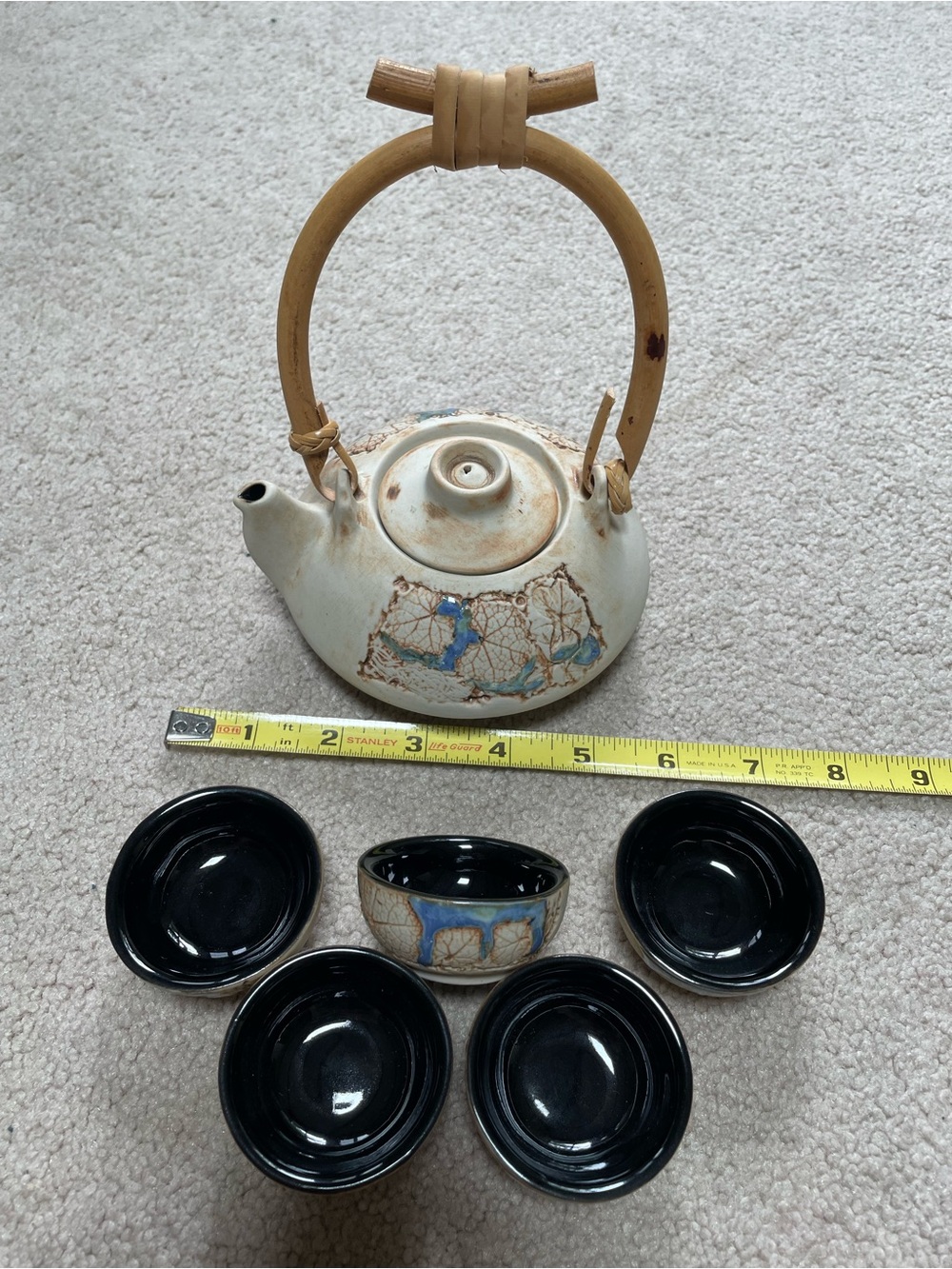 Rustic Ceramic Teapot with Bamboo Handle and Matching Cups